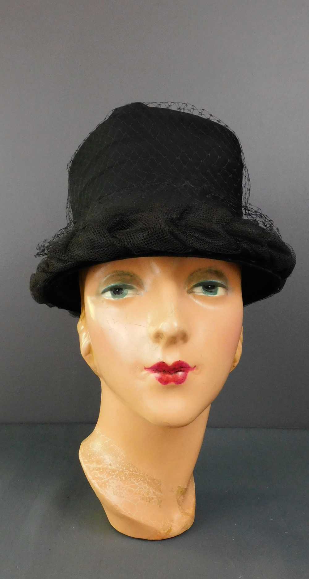 Vintage Black Chiffon and Braided Tulle Hat, 1960… - image 1