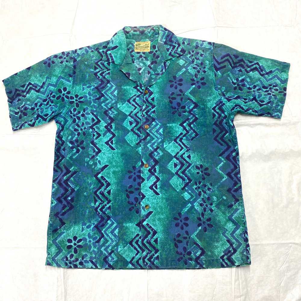 1950s barkcloth Hawaiian shirt turquoise abstract… - image 1