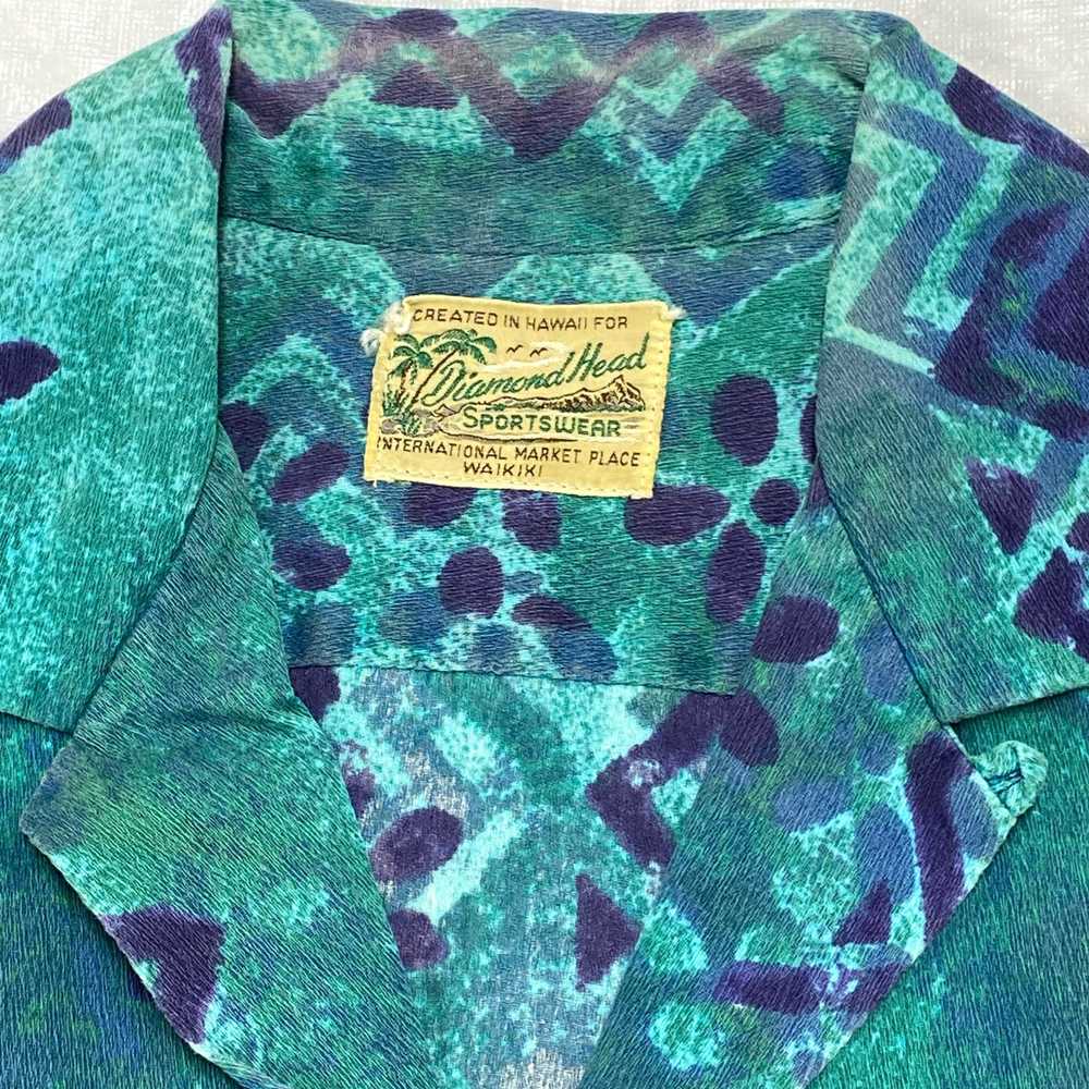 1950s barkcloth Hawaiian shirt turquoise abstract… - image 2