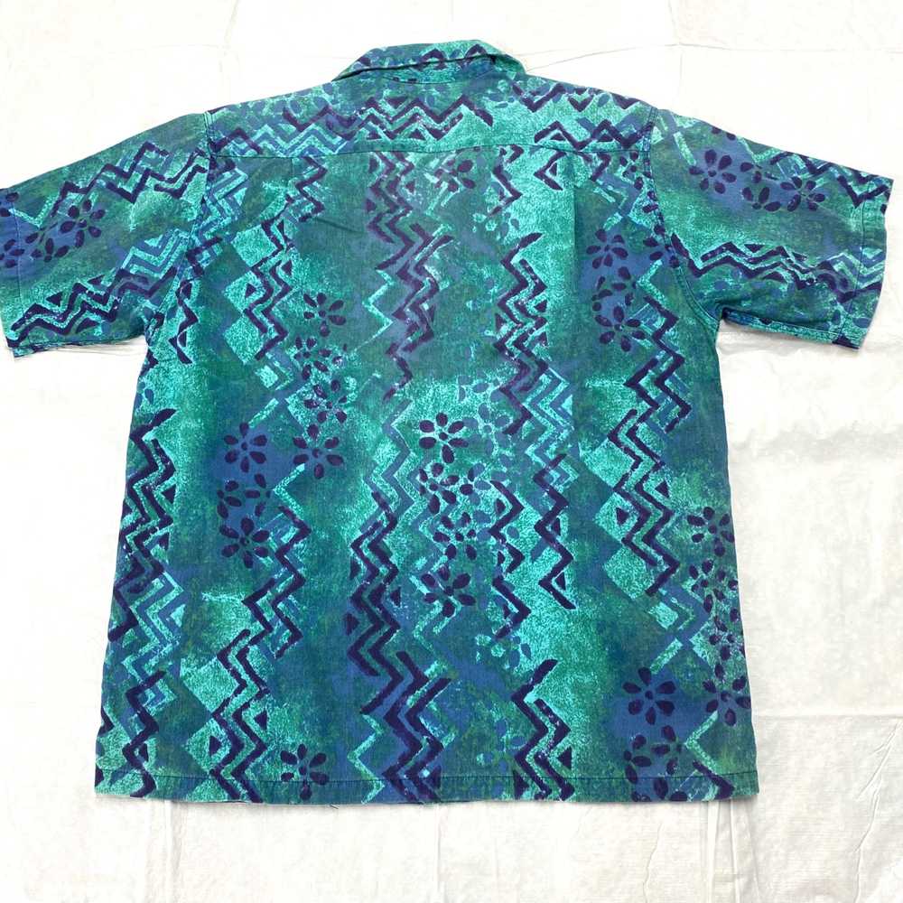 1950s barkcloth Hawaiian shirt turquoise abstract… - image 3