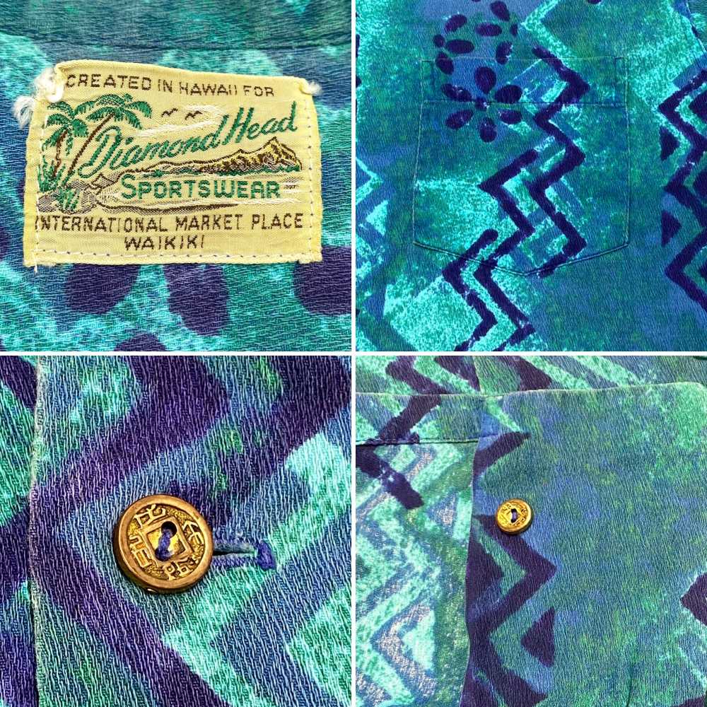 1950s barkcloth Hawaiian shirt turquoise abstract… - image 4