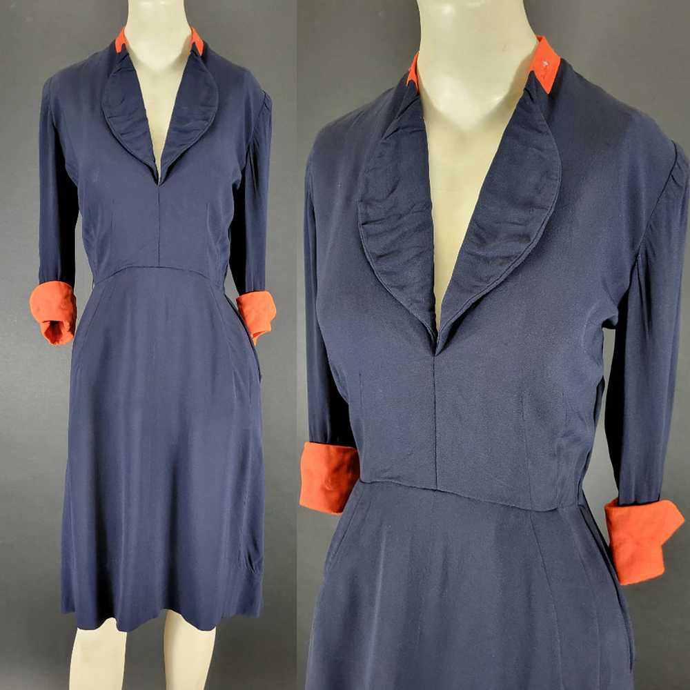 40s Navy Blue Rayon Dress - image 2