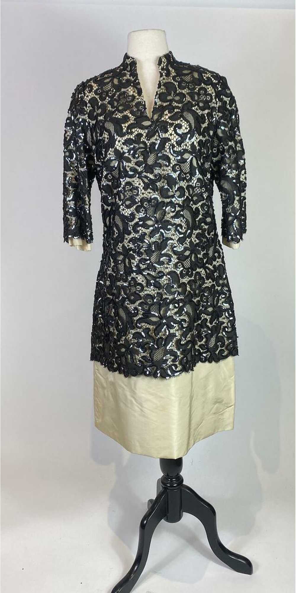 1960s Silk with Sequin Lace Overlay Shift Dress - Gem