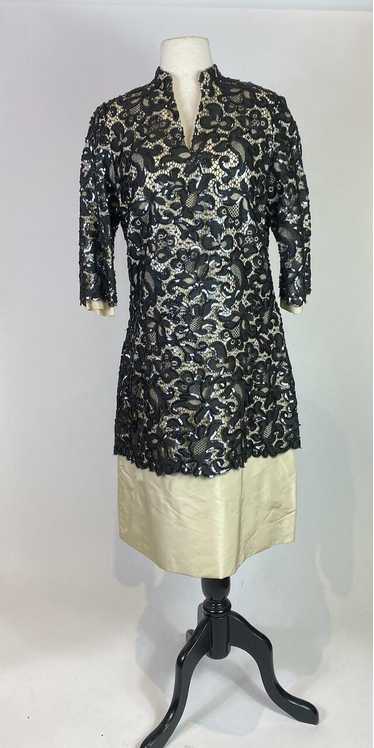 1960s Silk with Sequin Lace Overlay Shift Dress