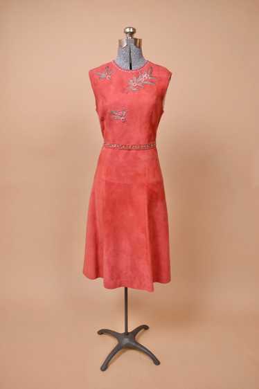 60s Pink Faux Suede Rhinestone Dress by Samuel Rob