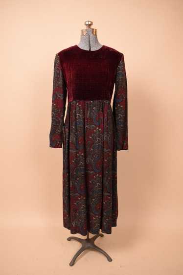 Burgundy 80s Dress With Smocked Velvet Bodice, by 