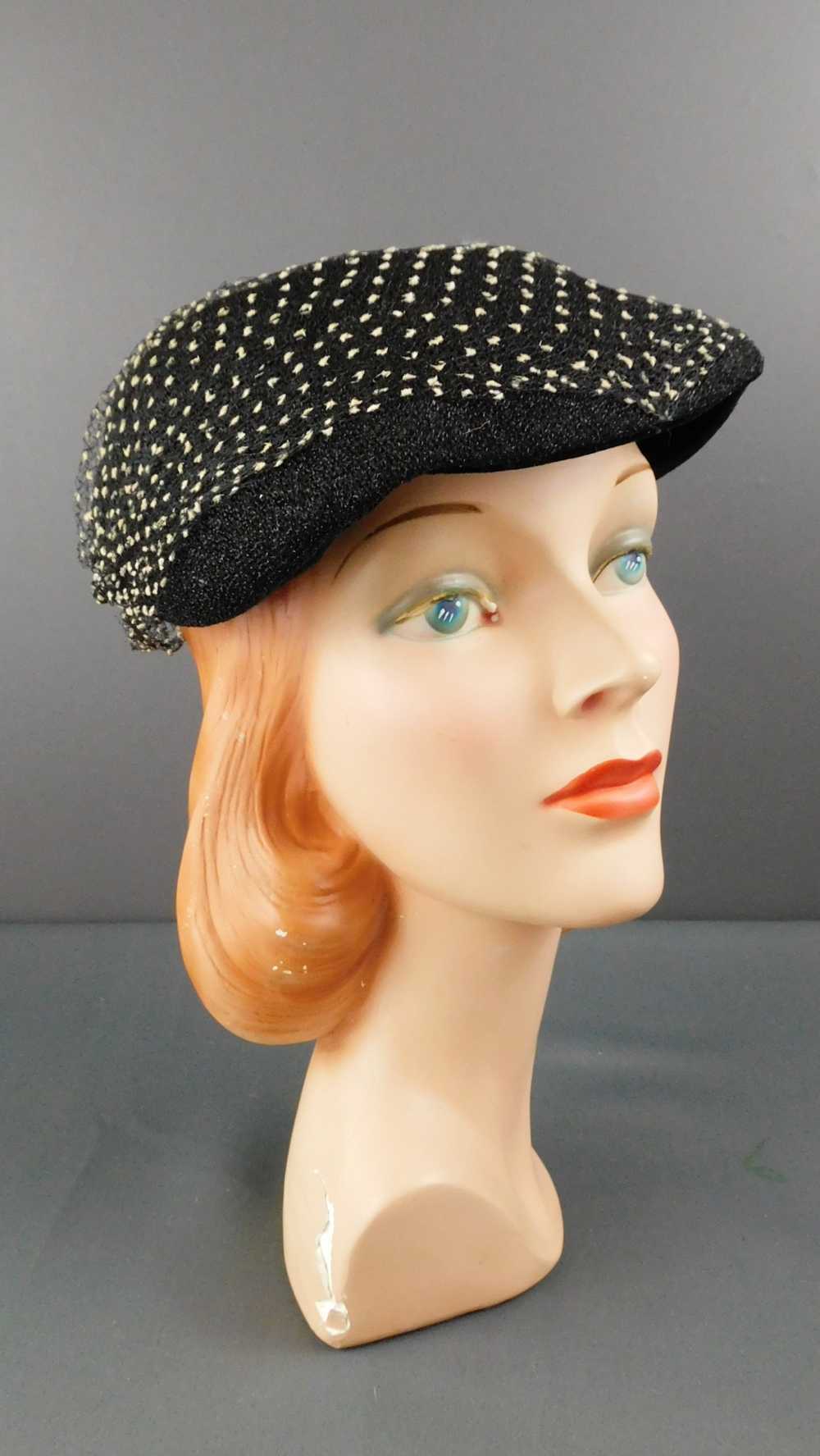 Vintage Black 1950s Hat with Black & White Nettin… - image 1