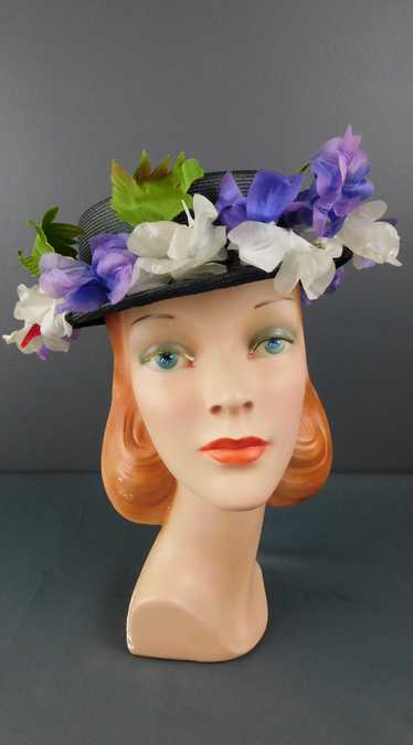 Vintage Black Straw Hat with White & Purple Flower