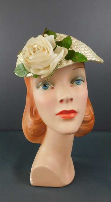 Vintage Ivory Straw Raffia Hat with Rose, 22 inch 