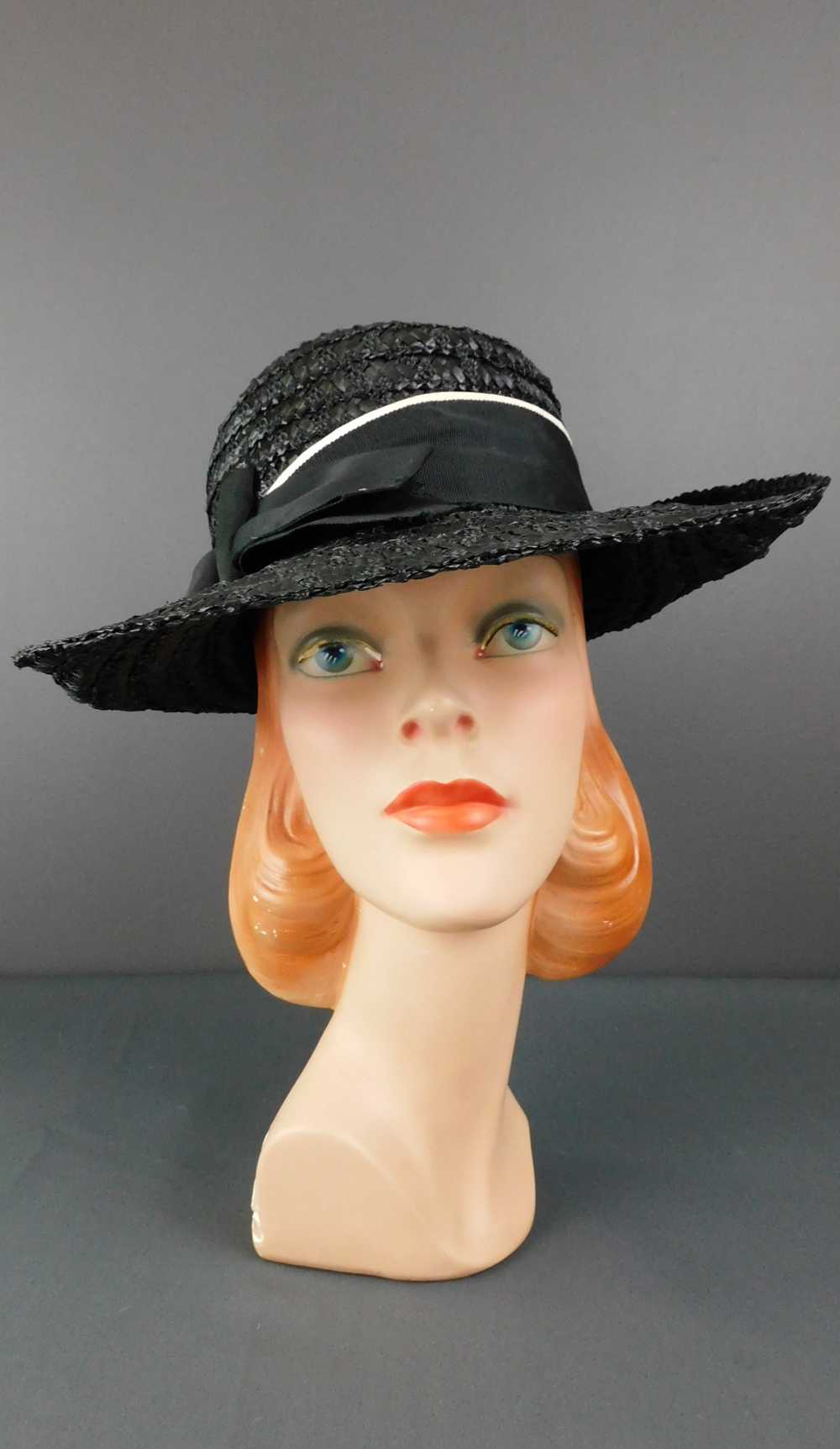 Vintage Black Straw Wide Brim Hat with Black and … - image 1