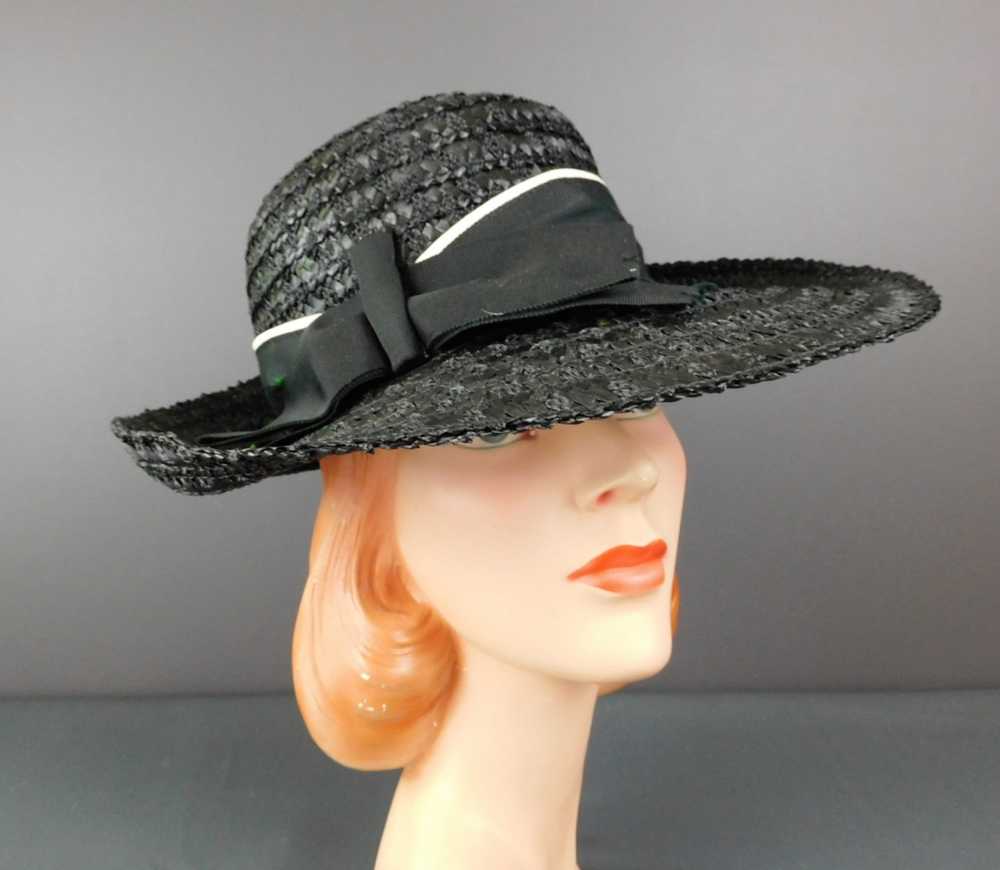 Vintage Black Straw Wide Brim Hat with Black and … - image 2