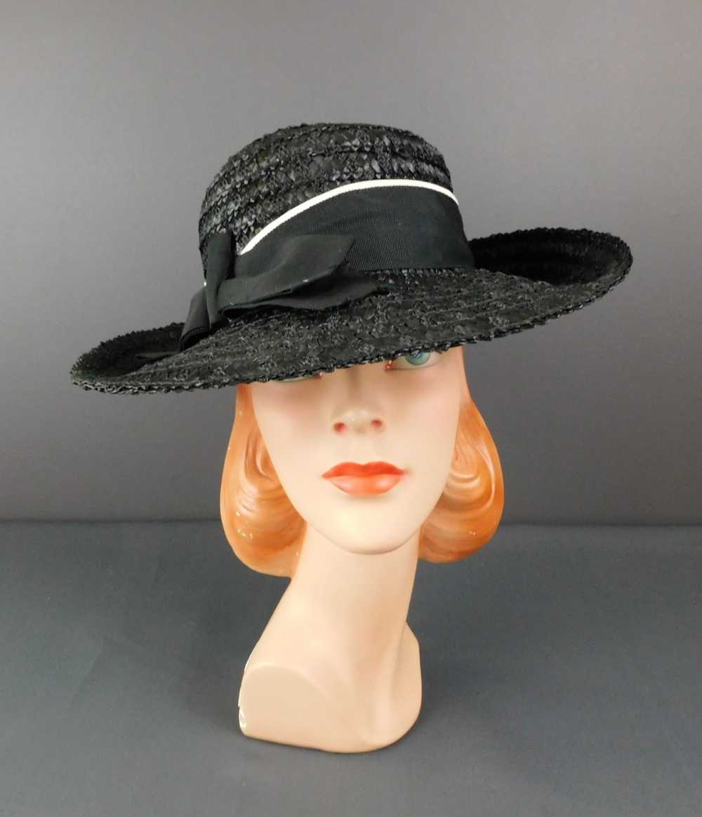 Vintage Black Straw Wide Brim Hat with Black and … - image 3