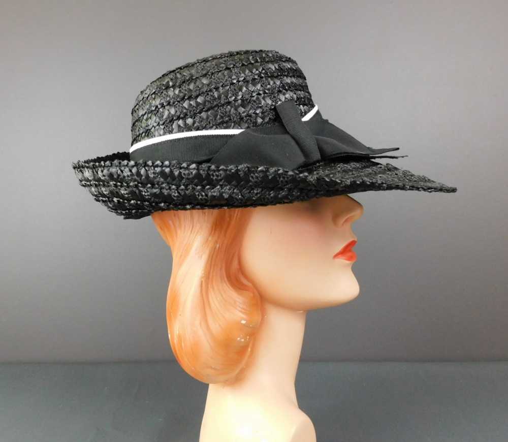 Vintage Black Straw Wide Brim Hat with Black and … - image 4