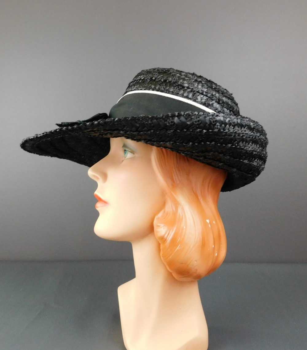 Vintage Black Straw Wide Brim Hat with Black and … - image 5