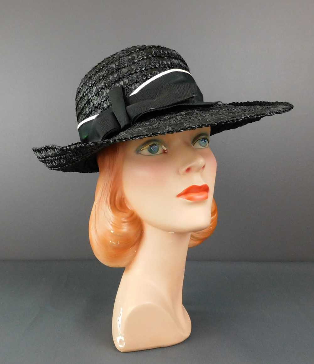 Vintage Black Straw Wide Brim Hat with Black and … - image 6
