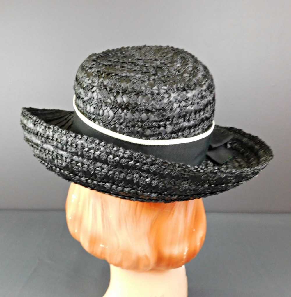 Vintage Black Straw Wide Brim Hat with Black and … - image 7