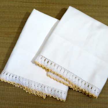 Pair Vintage White Pillowcases Hand Crochet Lace … - image 1