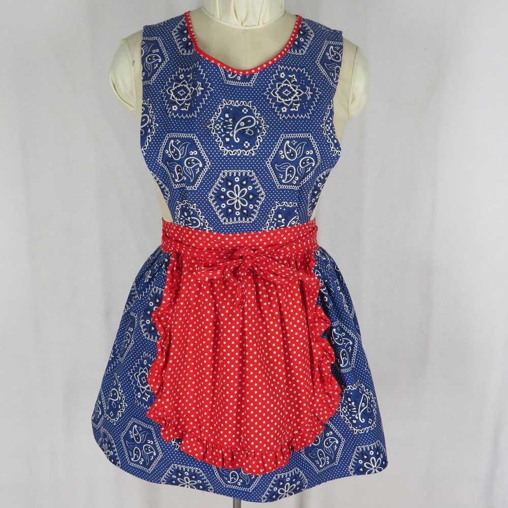 Vintage 60s Blue Bandana Print Wrap Dress Red Dot… - image 1
