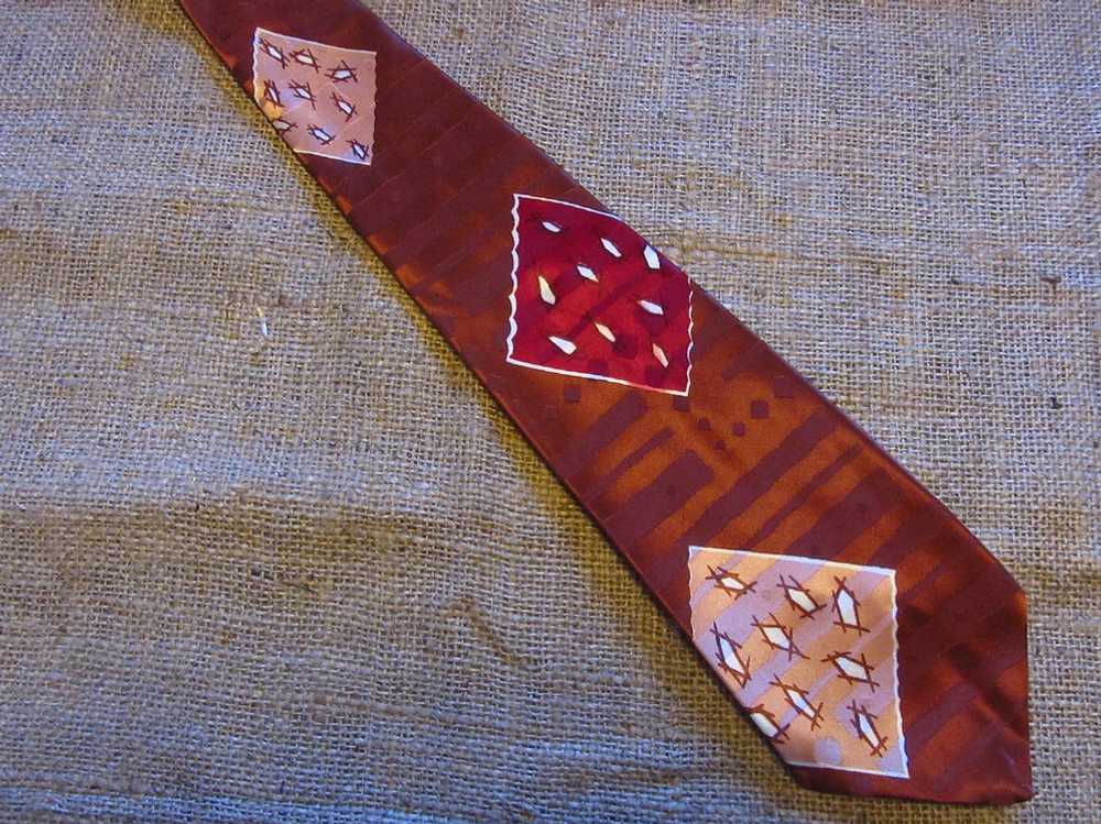 50s Tie Brown Jacquard Mid Century Tie Geometric … - image 1