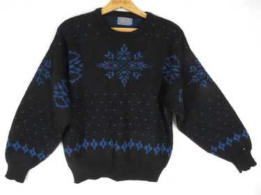 50s Pendleton Wool Sweater M Black Blue Snowflake - image 1
