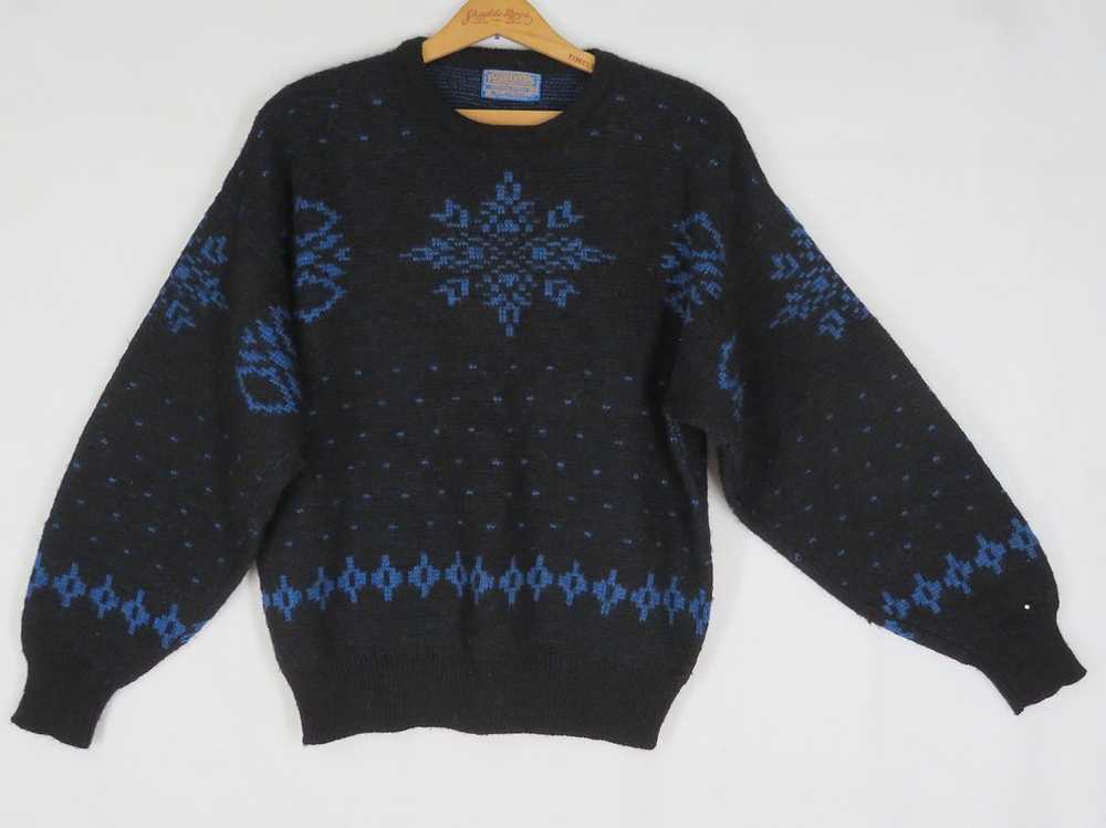 50s Pendleton Wool Sweater M Black Blue Snowflake - image 5