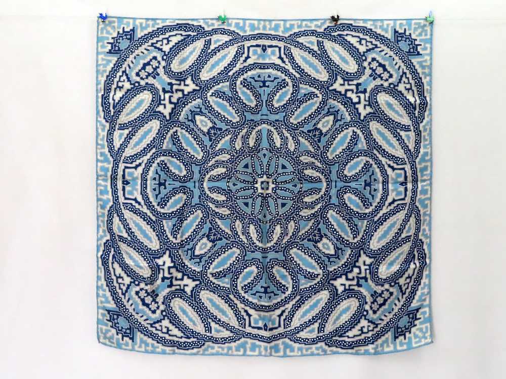 Vintage Blue White Silk Scarf Geometric Print Sca… - image 1