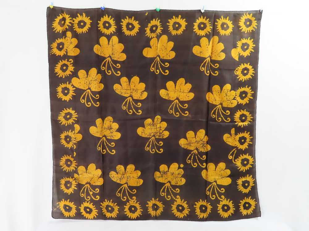 Vintage Batik Silk Scarf Brown with Yellow Sunflo… - image 1