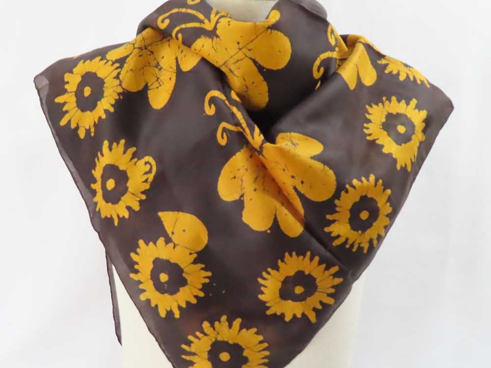 Vintage Batik Silk Scarf Brown with Yellow Sunflo… - image 2