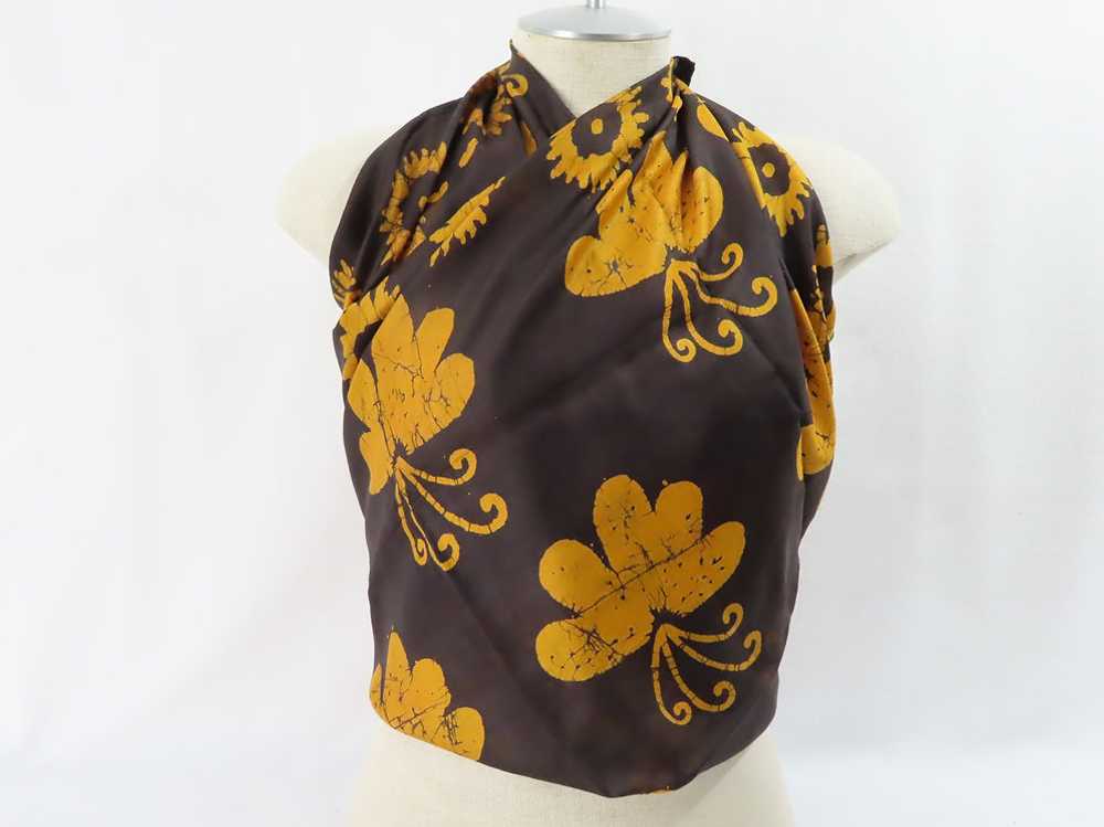 Vintage Batik Silk Scarf Brown with Yellow Sunflo… - image 5