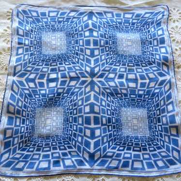 Vintage Faith Austin Blue White Op Art Handkerchie