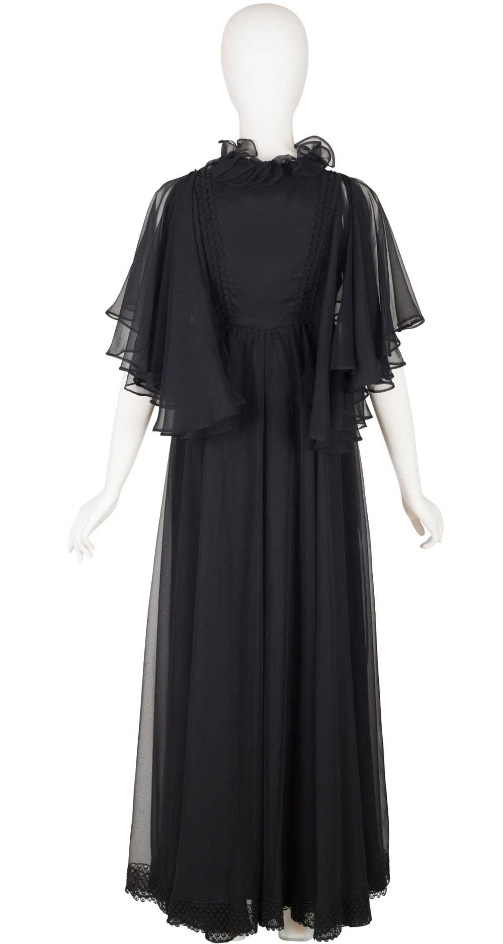 Jean Varon 1970s Black Chiffon Ruffle Evening Gown - image 2