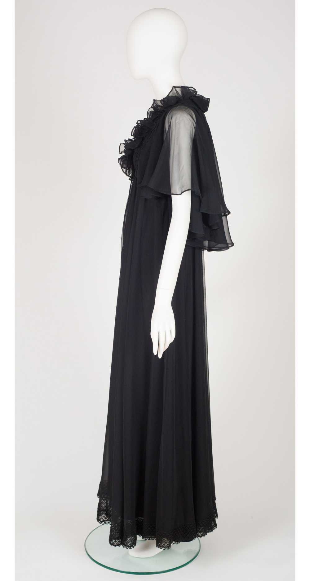 Jean Varon 1970s Black Chiffon Ruffle Evening Gown - image 4