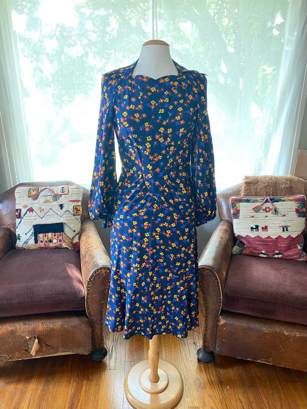 Vintage Ossie Clark Navy Blue Floral Silk Dress - image 1