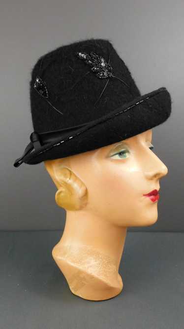 Vintage Fuzzy Black Felt Hat with Sequins and Bead