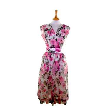50s Pink Floral Sheer Belted Dress – 12 - image 1