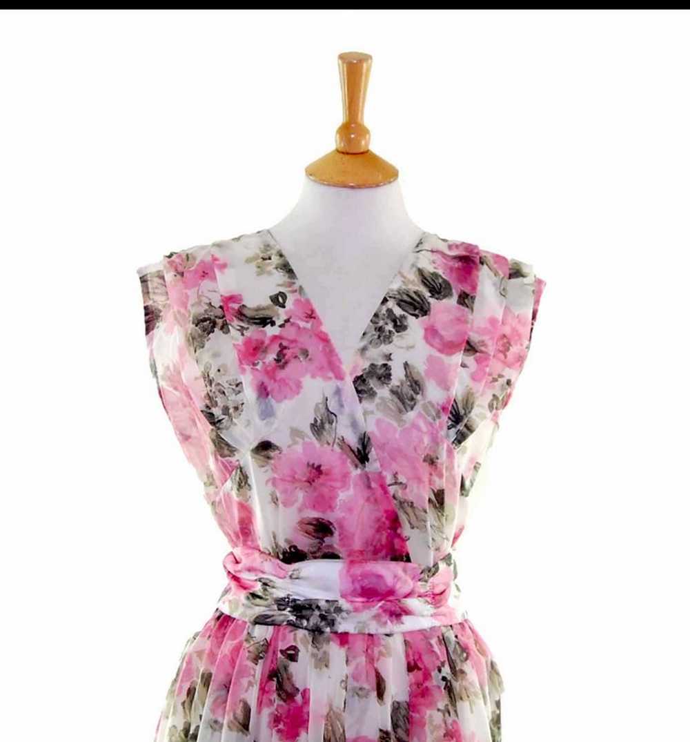 50s Pink Floral Sheer Belted Dress – 12 - image 2