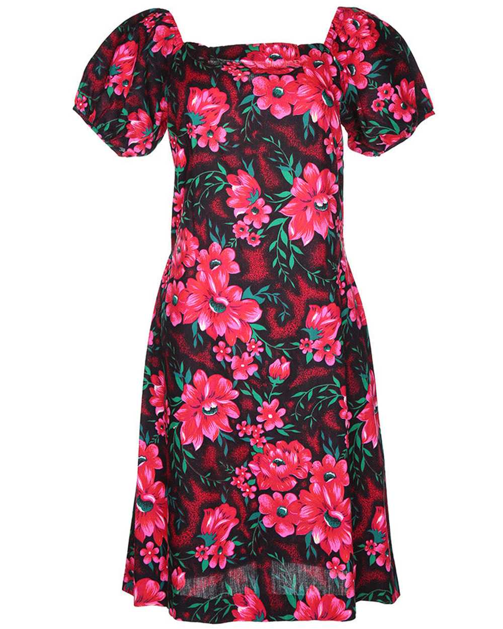 Pink and Black Hawaiian Puff Sleeve Dress - M - image 1