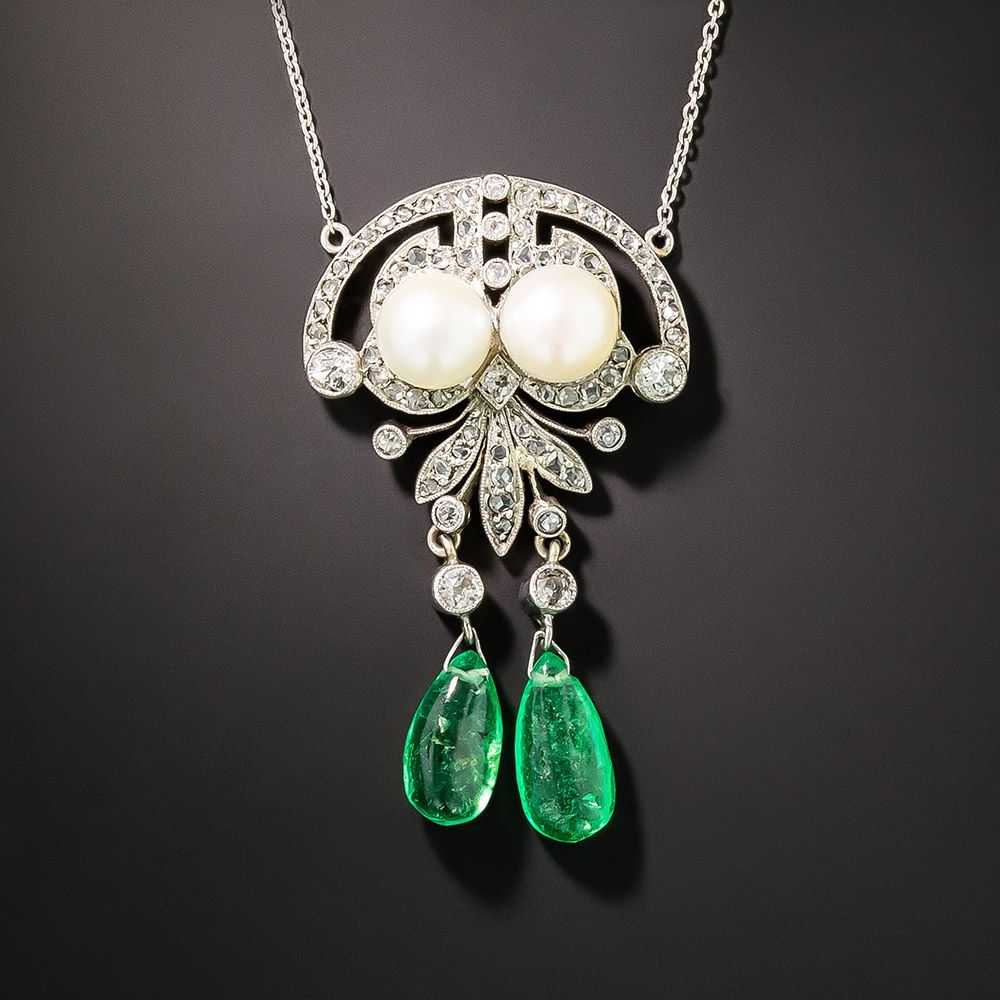 French Art Deco Pearl, Emerald and Diamond Lavali… - image 1