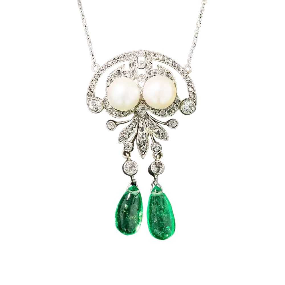 French Art Deco Pearl, Emerald and Diamond Lavali… - image 2