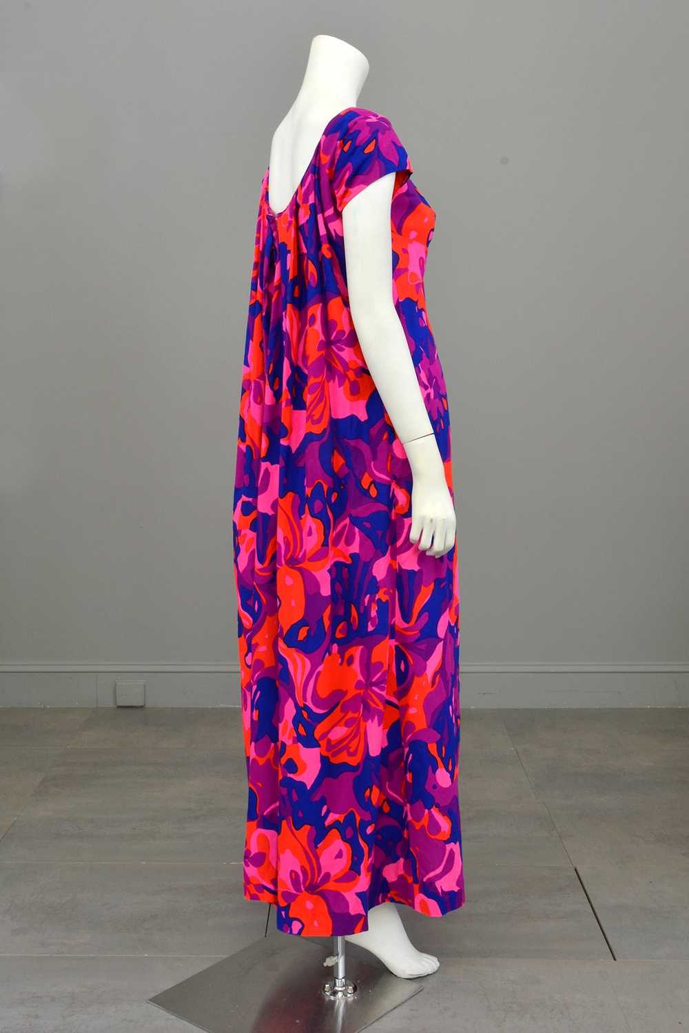 1960s 70s Bright Neon Pink Purple Babydoll Maxi D… - image 3