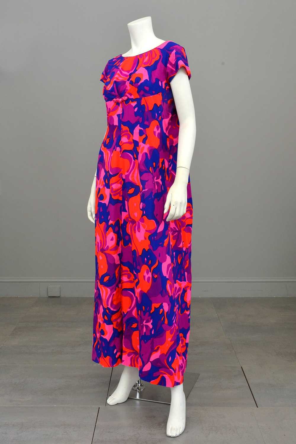 1960s 70s Bright Neon Pink Purple Babydoll Maxi D… - image 4