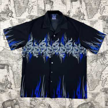 Vintage Vintage Y2K Blue Fire Dragon Button Up - image 1