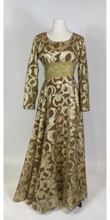 1970s Barbara Metallic Swirl Gold Gown