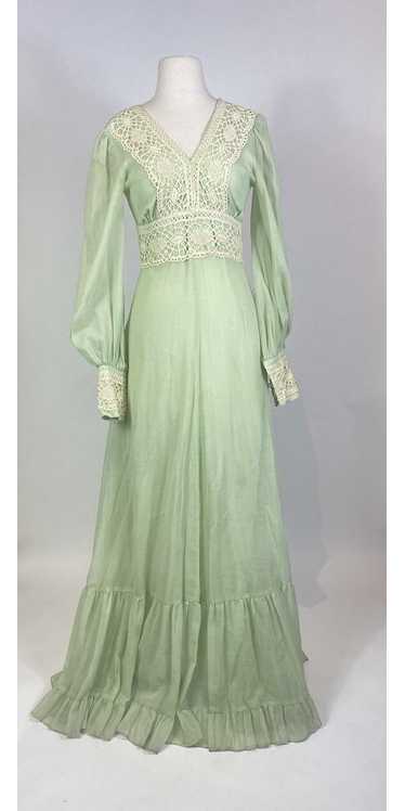 1970s GUNNE SAX Mint Green Crochet Prairie Dress - image 1