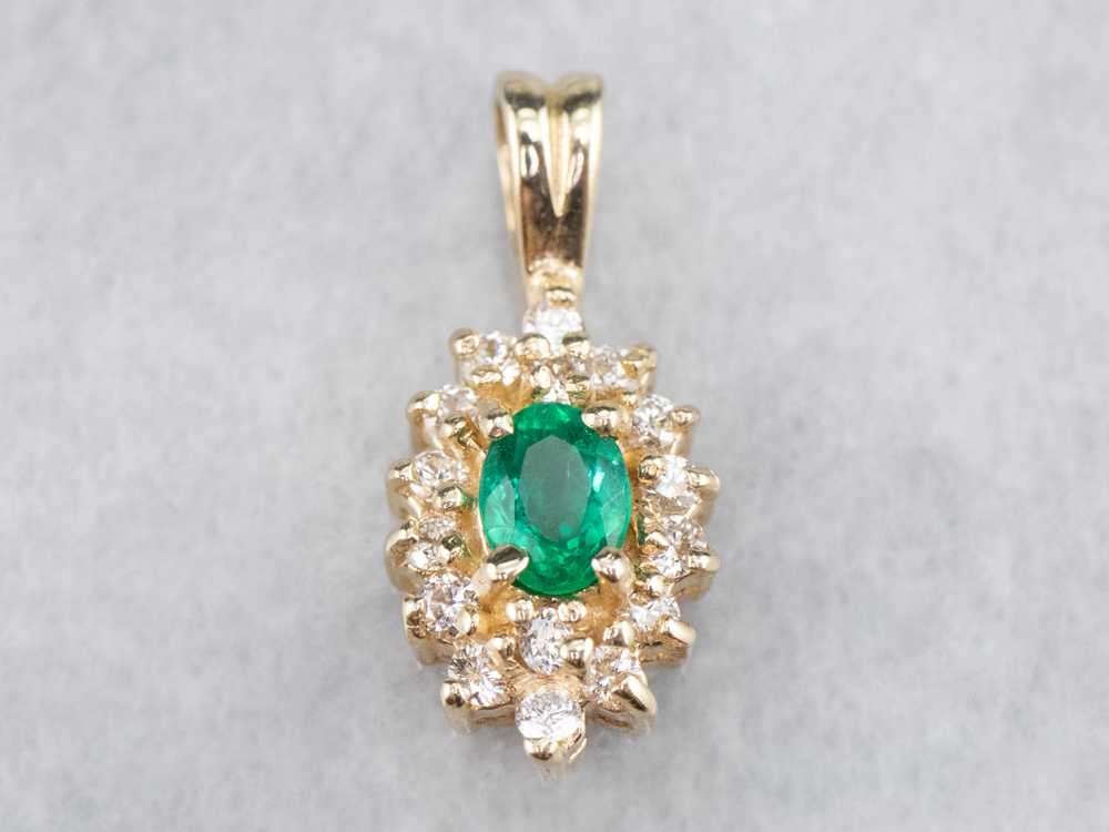 Gold Emerald and Diamond Halo Pendant - image 2