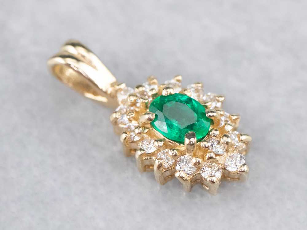 Gold Emerald and Diamond Halo Pendant - image 3