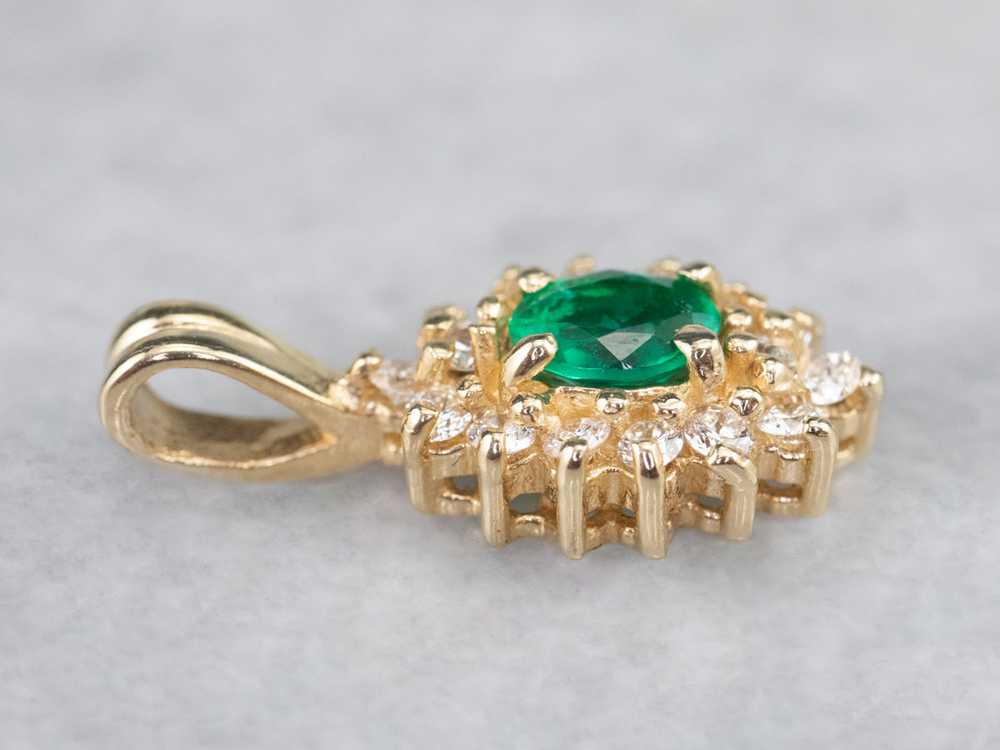 Gold Emerald and Diamond Halo Pendant - image 4