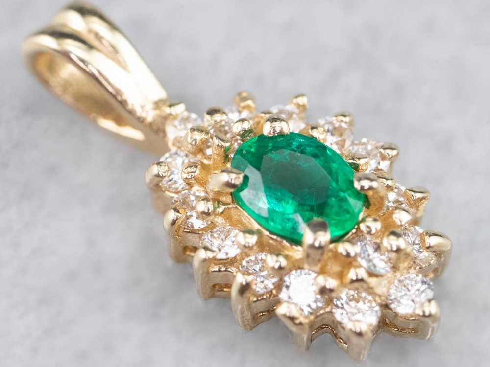 Gold Emerald and Diamond Halo Pendant - image 7