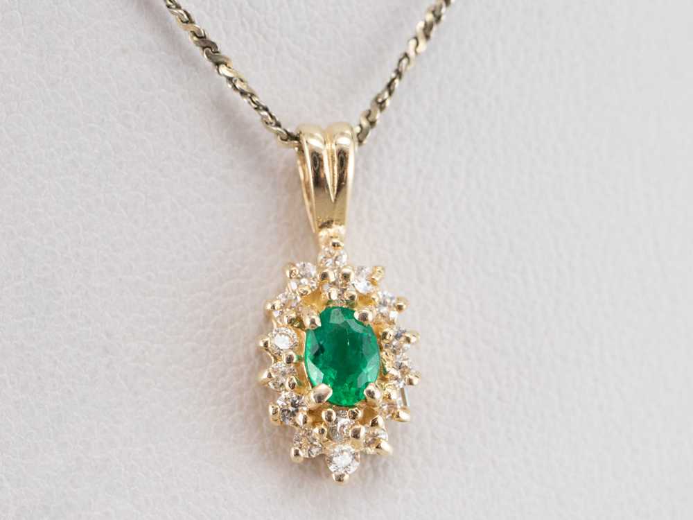 Gold Emerald and Diamond Halo Pendant - image 8