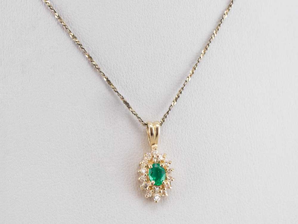 Gold Emerald and Diamond Halo Pendant - image 9